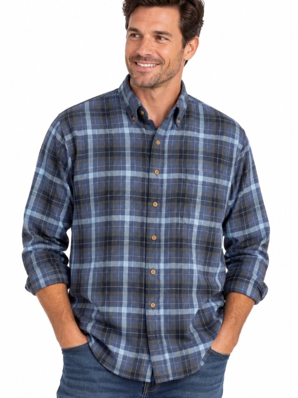 John Ashford Men's XL Blue Plaid Button Down Shirt 100% Cotton Long Sleeve Prepp